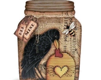 Valentine Bee Mine Crow and Bee Skep On Mason Jar Shape