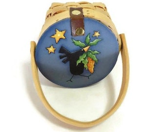 Tole Painted Crow on Mini Basket Lid for Tiered Tray Decor or Halloween Treats
