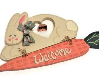 Welcome Bunny Sign | Tole Painted Wooden Easter Sign | Bunny With Bell And Welcome Carrot