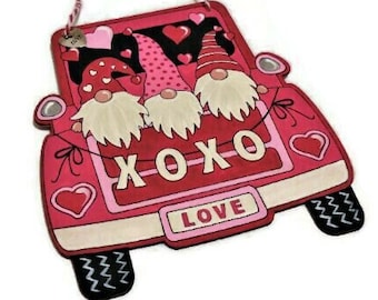 Valentine Gnomes In Pink Truck Wall Decor | Tole Painted Gnomes for Valentine's Day