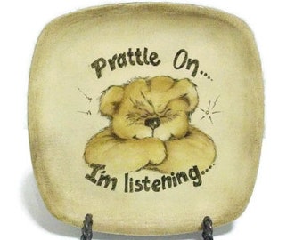 Grumpy Bear Plate | Hand-Painted Tole Tray, Sassy Home Decor
