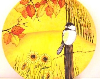 Tole Painted Chickadee Plate | Rustic Wood Bird Decor