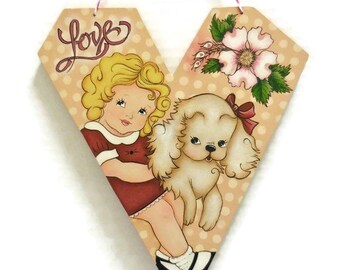 Retro Heart Nursery Wall Decor | Vintage Style Girl & Puppy Tole Painting | Adorable Child with Spaniel Dog Art for Kids Room