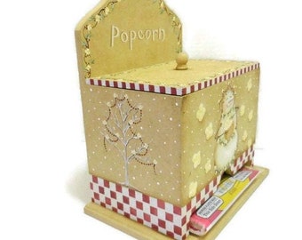 Popcorn Dispenser Box With Hand Painted Snowlady Snowman