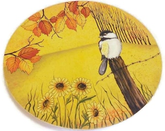 Chickadee Plate | Tole Painted Chickadee Bird on Wood Plate