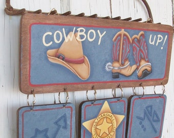 Western Cowboy Room Sign for Boys | Hand Lettered "Cowboy Up" Wall Art | Rustic Farmhouse Decor with Boots, Hat, Star And More