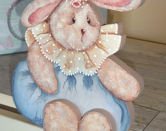 Hand Painted Bunny Girl Shelf Sitter | Whimsical Easter Decor