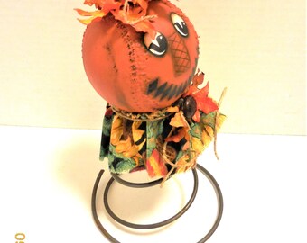 Baseball Punkin' Head on Bedspring | Tole Painted Fall Halloween Decoration | Unique Springy Pumpkin Head Decor