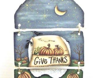 Give Thanks Fall Tole Painted Design | Rustic Sheep on Pumpkin Wood Wall Hanging for Autumn Home Decor