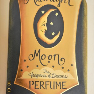 Midnight Moon Perfume Tole Painted Sign Wood Perfume Bottle Shape Sign image 3