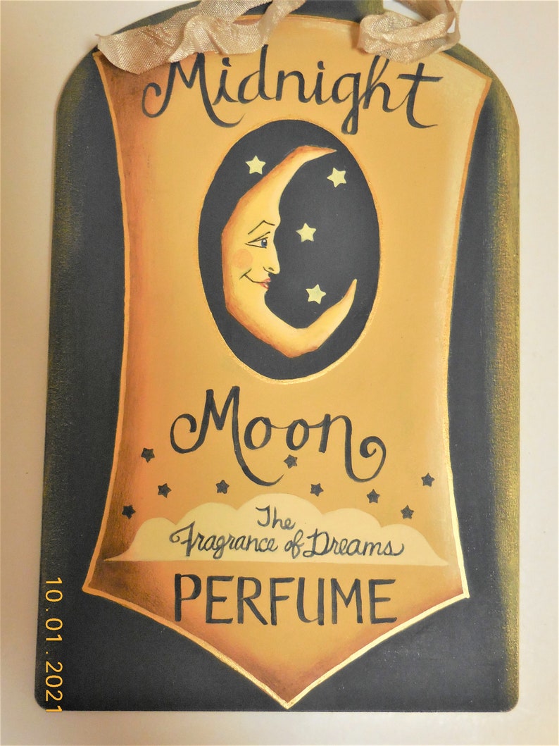 Midnight Moon Perfume Tole Painted Sign Wood Perfume Bottle Shape Sign image 3