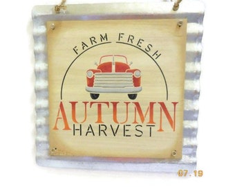 Red Truck Autumn Harvest Sign | Galvanized Farmhouse Decor