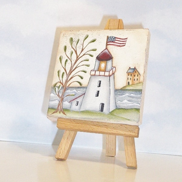 Mini Painting Primitive Lighthouse, Hand Painted On Mini Canvas