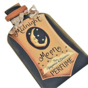 Midnight Moon Perfume Tole Painted Sign Wood Perfume Bottle Shape Sign image 1