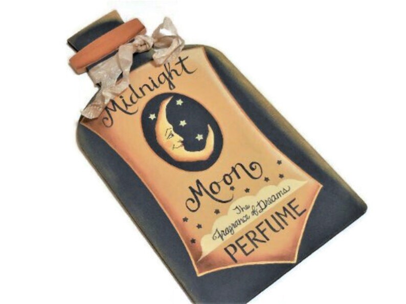 Midnight Moon Perfume Tole Painted Sign Wood Perfume Bottle Shape Sign image 1