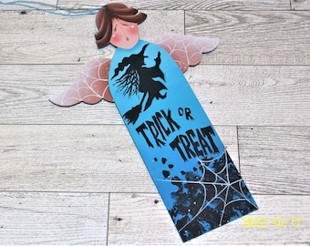 Trick Or Treat Angel | Wooden Angel With Witch Silhouette and Spider Web Wings