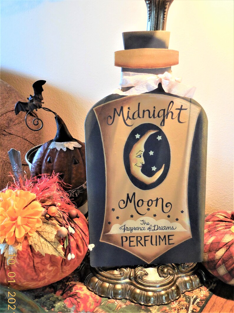 Midnight Moon Perfume Tole Painted Sign Wood Perfume Bottle Shape Sign image 4