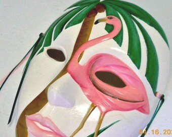 Ceramic Pink Flamingo Wall Mask | Tole Painted Decor with Palm Tree | Unique Ceramic Art for Home & Tropical Vibes
