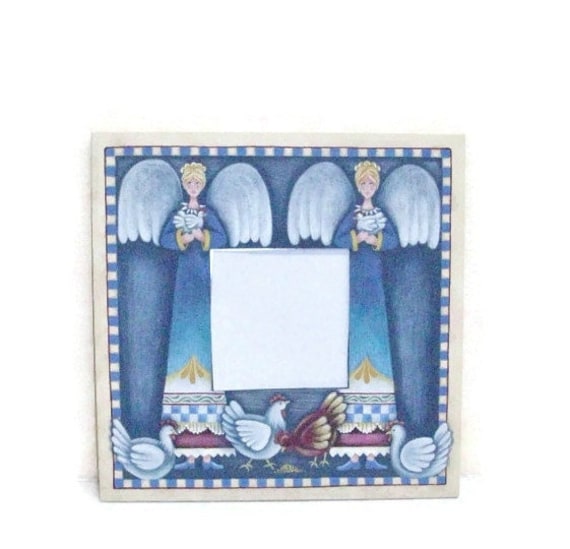 Tole Painted Mirror with Angels | Folk Art Mirror for Home Decor & Unique Gifts | Angelic Scene Tending Chickens