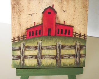 Primitive Red Barn Painting on Mini Canvas -Small Rustic Art on Easel