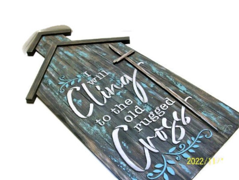 Large Rustic Church with Old Rugged Cross Lettering Cling To The Old Rugged Cross Sign Hand Painted Rustic Church Sign image 2