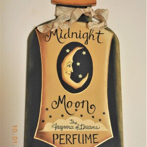 Midnight Moon Perfume Tole Painted Sign Wood Perfume Bottle Shape Sign image 6