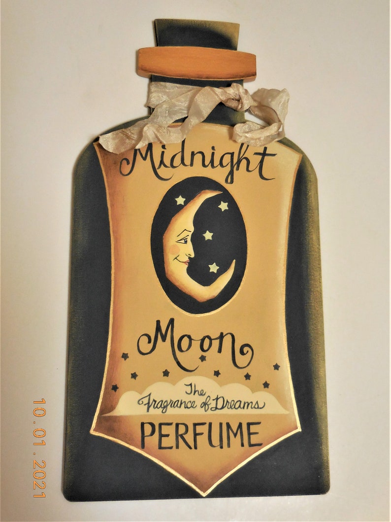 Midnight Moon Perfume Tole Painted Sign Wood Perfume Bottle Shape Sign image 6