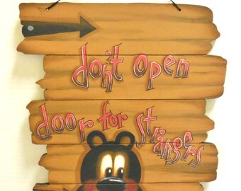 Northwoods Sign with Bear | Hand Painted Warning Sign | Don't Open Door for Strangers