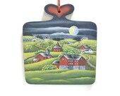 Hand Painted Folk Art Barn Scene On Wooden Paddle