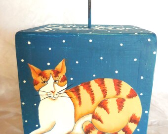 Primitive Cats On Wood Block | | Photo Holder Featuring Cats | Blue Background with White Polka Dots