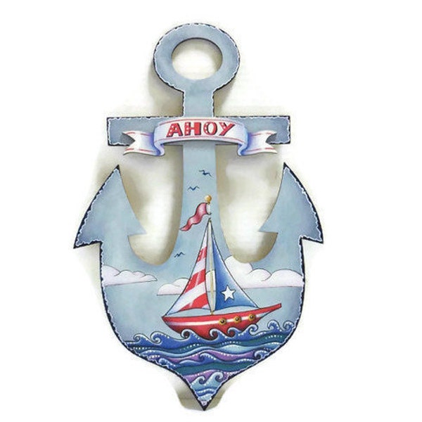 Nautical Patriotic Boat Anchor Wooden Wall Decoration | Tole Painted Ship At Sea on Wooden Anchor
