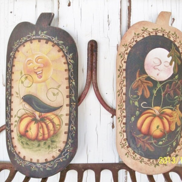 RESERVED FOR SKLMARM - Set Of Hand Painted Fall Scenes on Pumpkin Shape Barrel Staves
