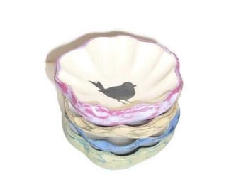Rustic Bowls With Bird Silhouettes, Four Charming Hand Painted Bowls, Colorful Farmhouse Style