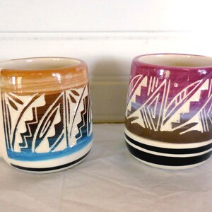 Navajo Mesa Verde Pottery Mugs Set of 2 | Handmade Native American Sgraffito | Hand Carved Southwestern Pottery
