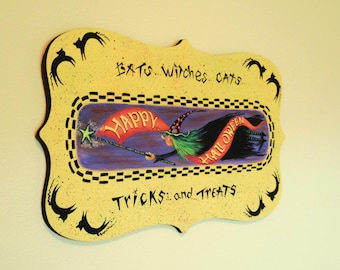 Flying Halloween Witch Art – Wand, Cat Familiars & "Happy Halloween" Banner – Spooky Wall Decor – Witchy Fall Home Decor Sign