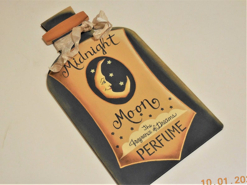 Midnight Moon Perfume Tole Painted Sign Wood Perfume Bottle Shape Sign image 9