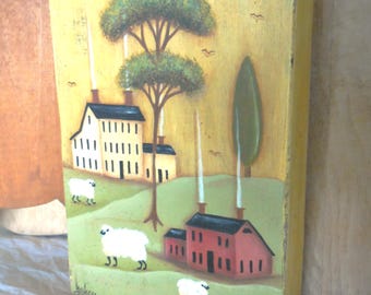 Primitive Cutting Board | Hand Painted Saltbox Houses | Rustic Country Farmhouse Decor