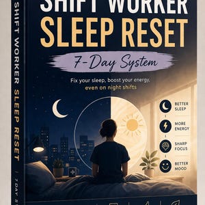 May include: Book cover titled "Shift Worker Sleep Reset" with a 7-Day System. The cover features a split image of a city at night and a sunny day, with a person looking out a window. The book promises better sleep, more energy, sharp focus, and a better mood.