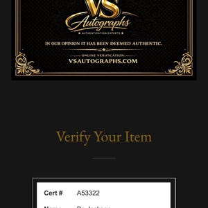 May include: A black and gold certificate of authenticity from VS Autographs with ornate borders. The text reads Certificate of Authenticity, VS Autographs, and VSAUTOGRAPHS.COM. Below, a verification box lists Cert # A53322, Name Bo Jackson, and Item Autographed Baseball Jersey.