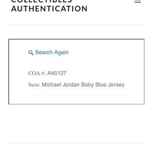 May include: A webpage from American Collectibles Authentication. The page includes a search bar, COA # A45127, and the item description: Michael Jordan Baby Blue Jersey. The copyright notice reads: &copy; 2024 American Collectibles Authentication - All Rights Reserved.