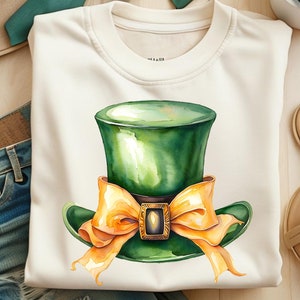 St Patricks Leprechaun Hat T-Shirt PNG Download with Cute Gold Bow, St. Patrick&#39;s Day Festive Design, Printable Shirt Art