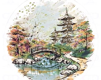 4 PNG Clipart di giardino giapponese ad acquerello, Clipart di paesaggio zen tranquillo, Download digitale di ispirazione asiatica