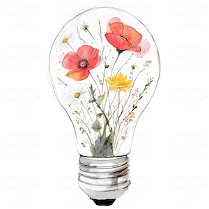 4 PNG Lâmpada de aquarela com desenhos de flores silvestres, Clip Art estético, Fundo transparente incluído
