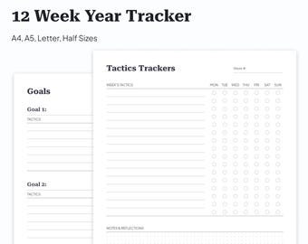 12 Week Year Planner | Printable & Fillable Template | Weekly Goal | Digital Planner Templates | A4, A5, Letter, Half Sizes | Download | PDF