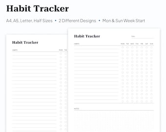 Weekly Habit Tracker | Printable & Fillable Template | Weekly Goal | Digital Planner Templates | A4, A5, Letter, Half Sizes | Download | PDF