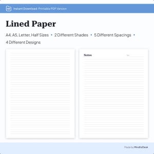 Carta a righe stampabile / Modelli di planner digitale / Carta per quaderni per prendere appunti / A4, A5, Letter e mezze misure / Scarica / PDF