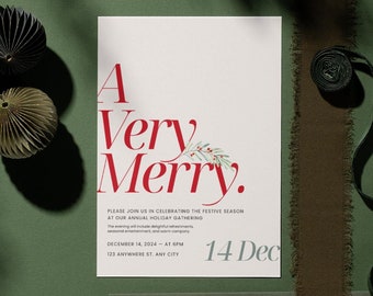 クリスマス パーティー招待状、ホリデー パーティー招待状テンプレート、赤と白のモダンなクリスマス招待状、デジタル ダウンロード、Canva テンプレート