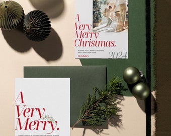 クリスマス カード招待状、ホリデー カード招待状、赤と白のモダンなクリスマス カードと招待状、デジタル ダウンロード、Canva テンプレート バンドル