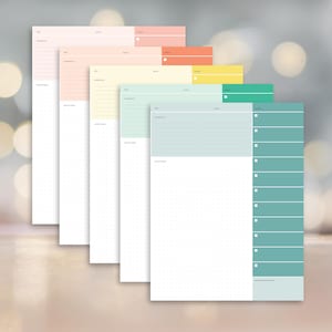 May include: Five printable planner pages in different colours: pink, yellow, light green, and blue. Each page has a dotted grid, lines for writing, and a checklist.