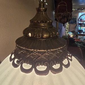 Vintage Carl Falkenstein Hanging Swag Lamp white Glass Gold texture Mid Century 1950.